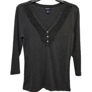 American Living Women's M Y2K Ruffle Neck 3/4 Sleeve Tee V-neck Fairy Grunge